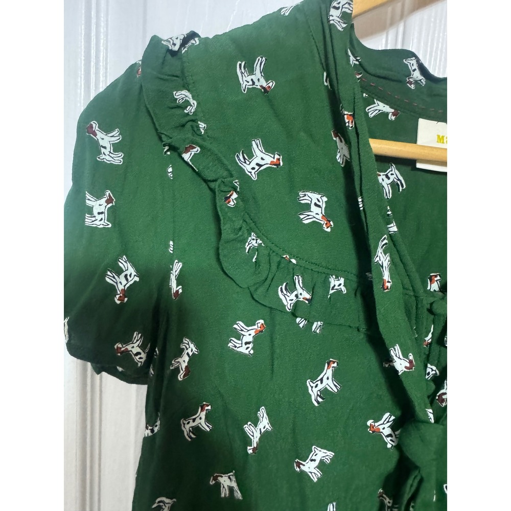 Maeve Anthropologie Green Dog Print Ruffle Collar Tie Front Blouse Medium - Picture 5 of 6